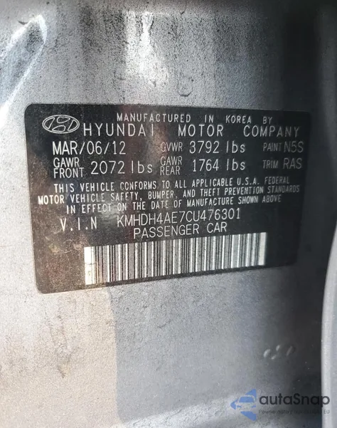 2012 Hyundai Elantra Gls from USA, damaged, VIN KMHDH4AE7CU476301